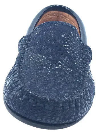 Atlanta Mocassin Girl's & Boy's Navy Pebble Printed Leather with Patent Trim Slip On Moccasin Loafer Shoe