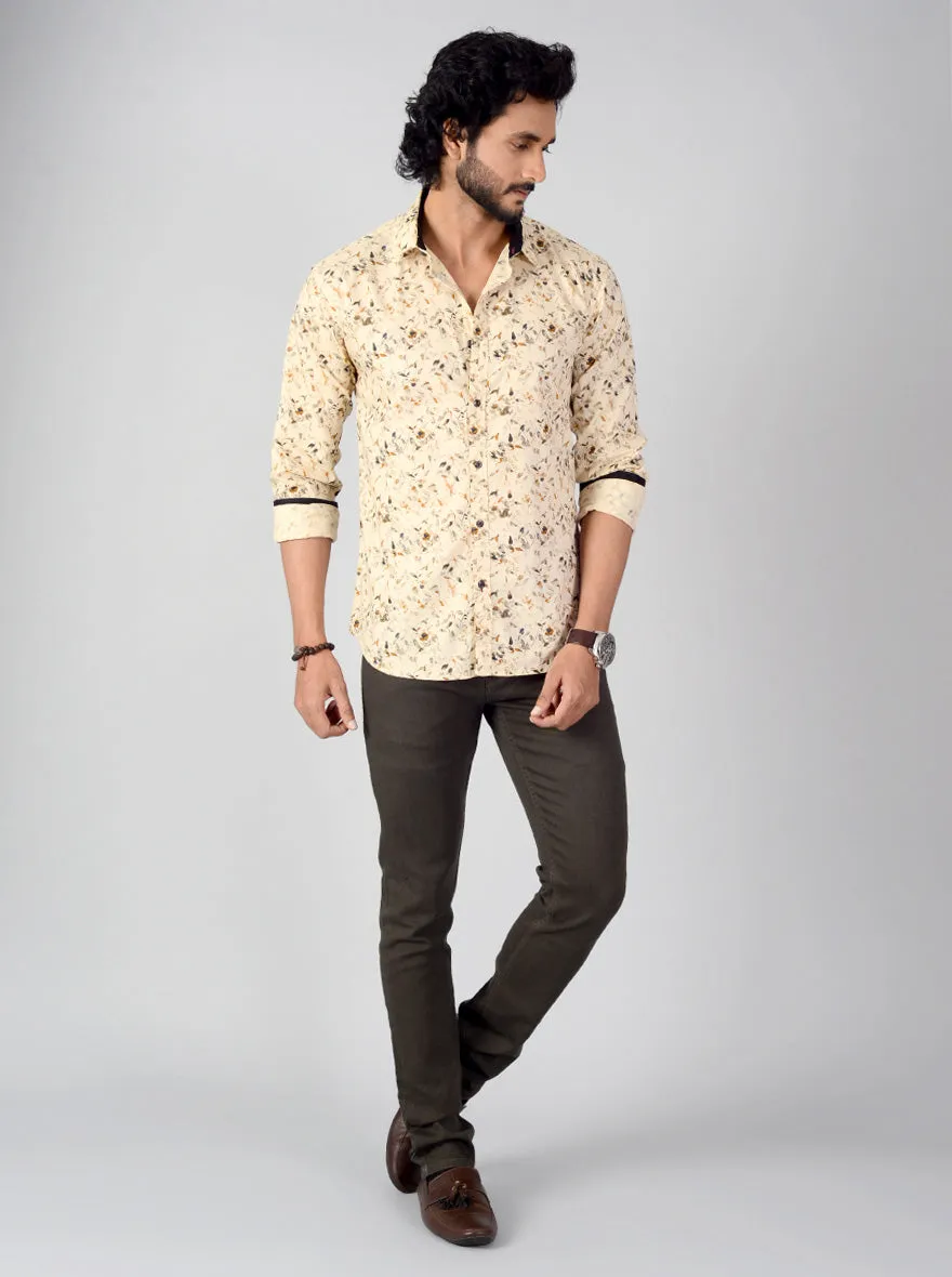 Beige Printed Slim Fit Casual Shirt | Greenfibre