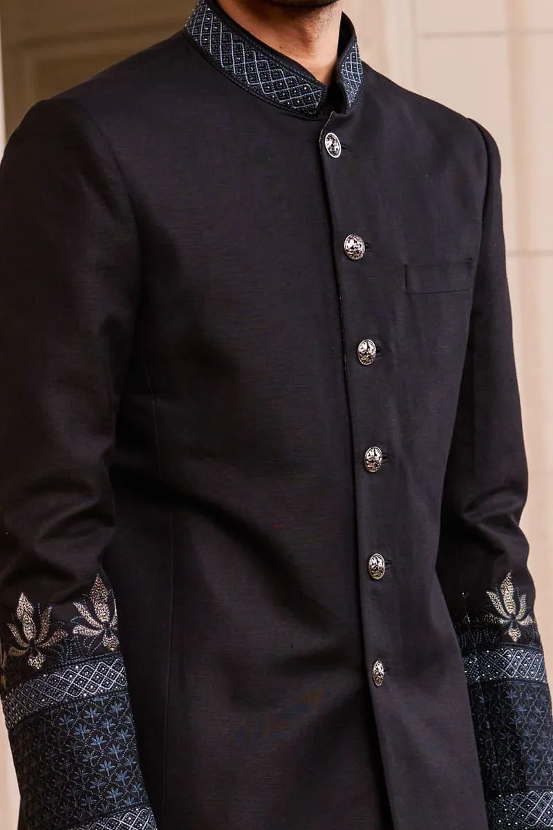 Black Linen Swarovski Sherwani