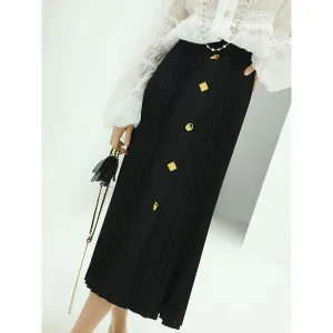 Black Pleated Skirt With Gold Metal Buttons