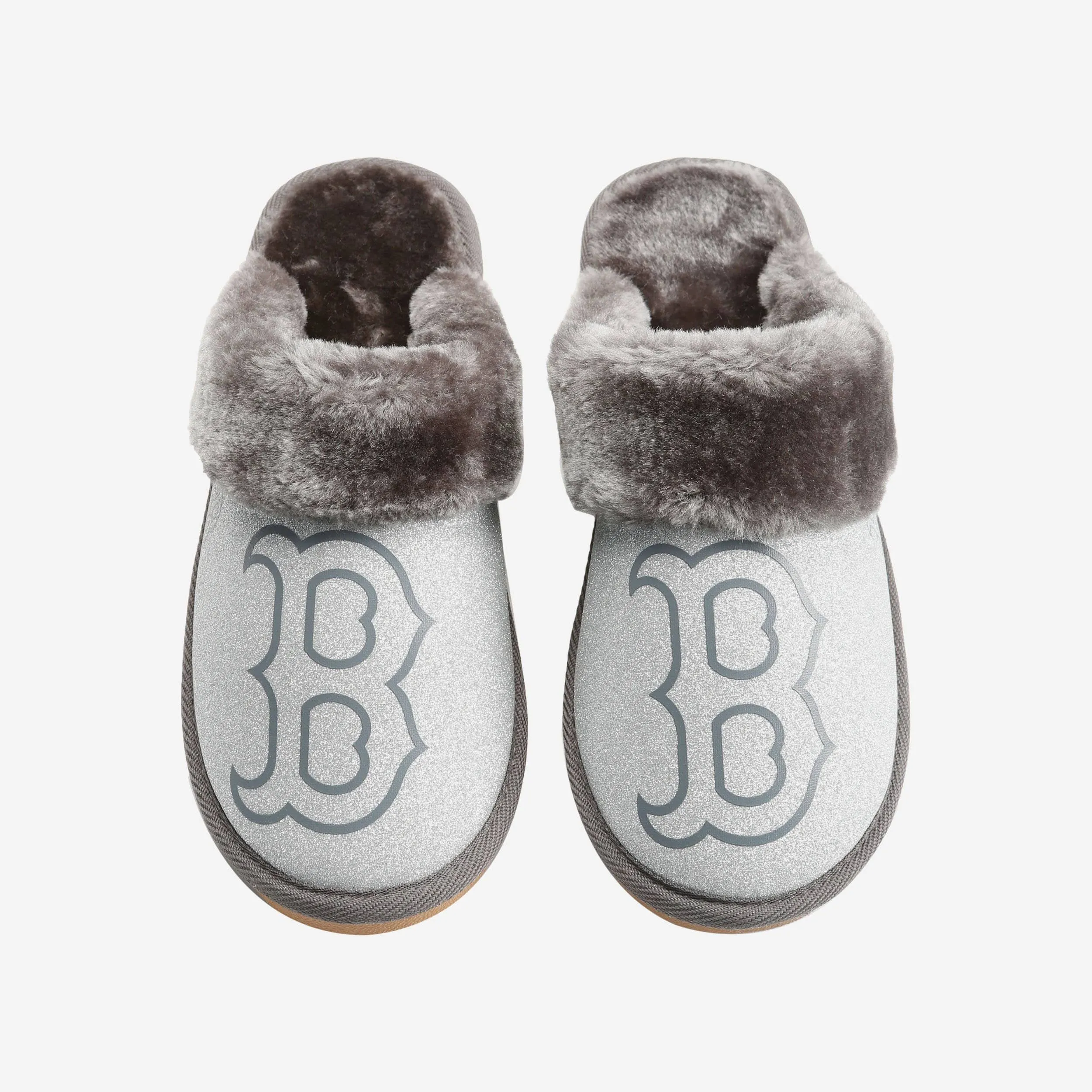 Boston Red Sox Womens Glitter Open Back Fur Moccasin Slipper