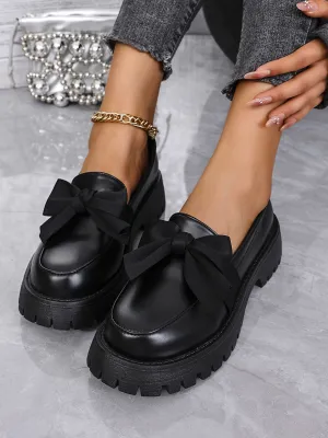 Bow PU Leather Round Toe Loafers