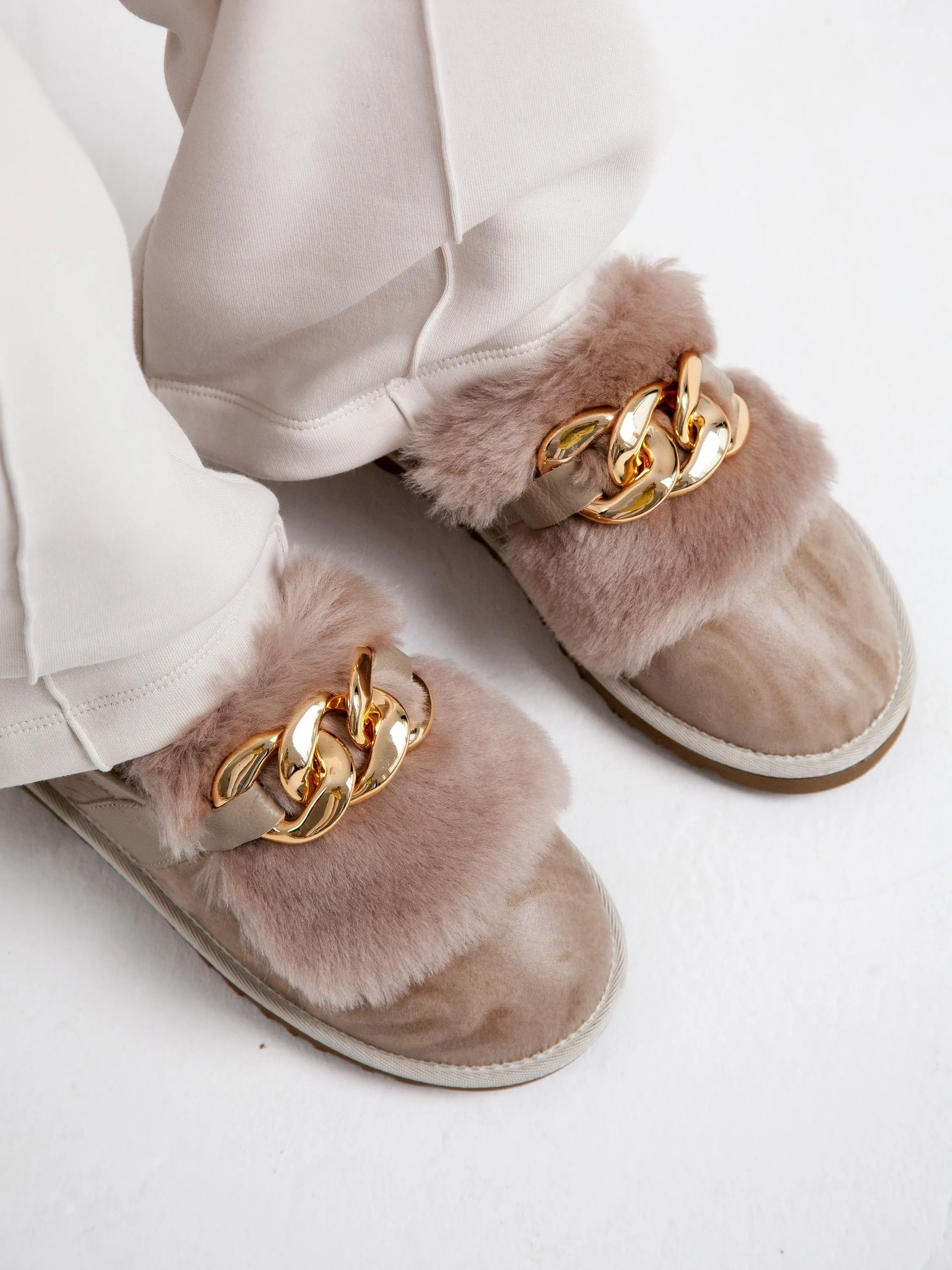 Chain Fur Lined Loafers - Beige