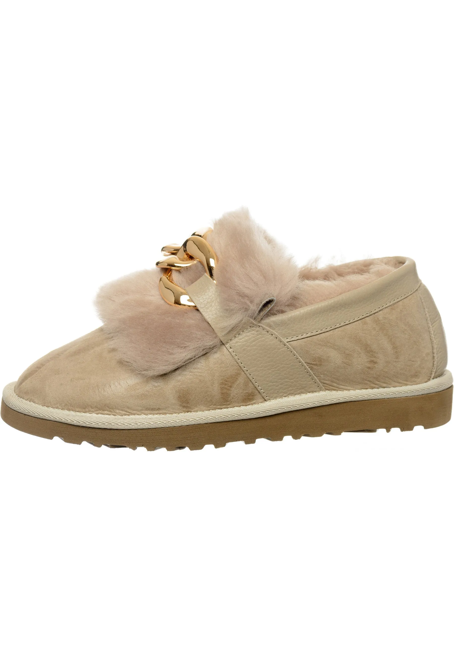 Chain Fur Lined Loafers - Beige