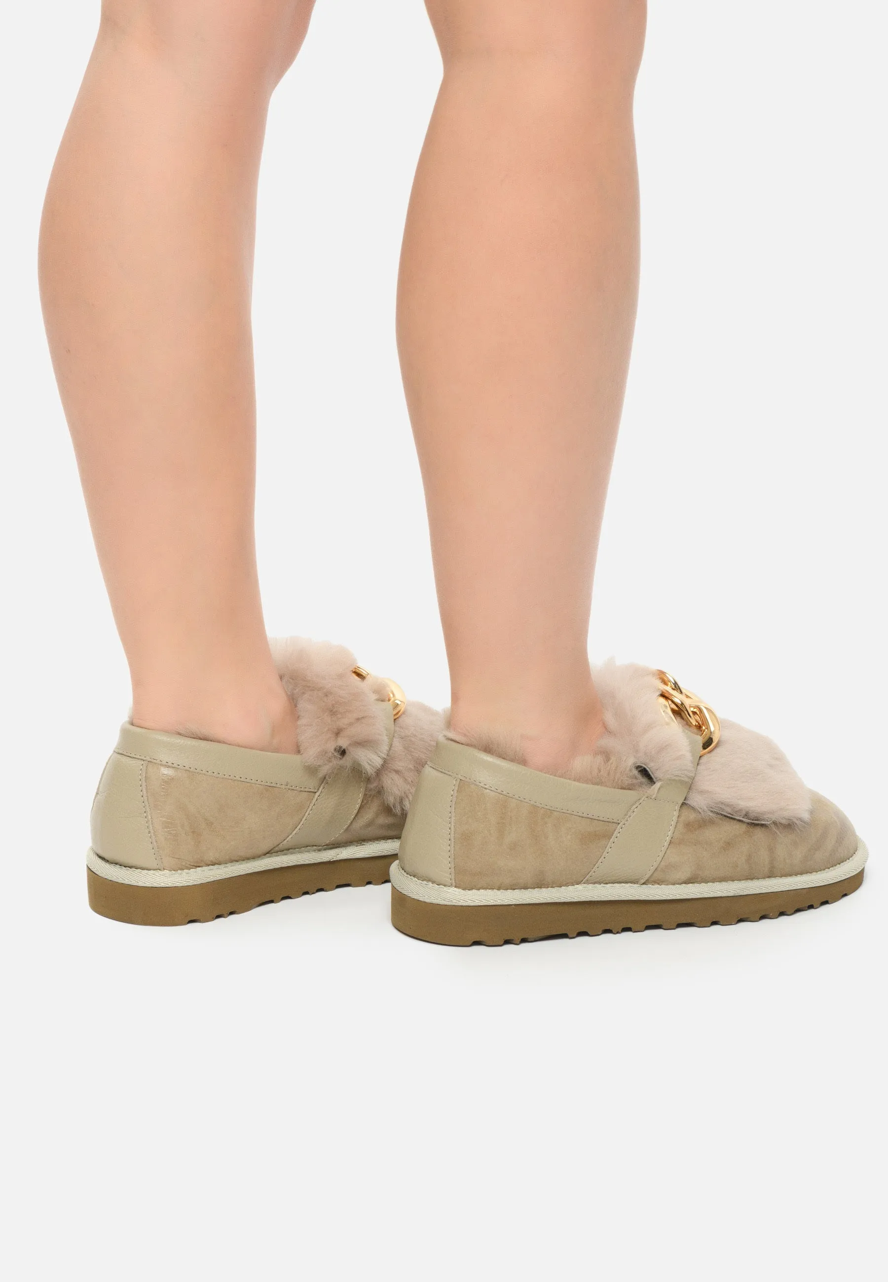 Chain Fur Lined Loafers - Beige