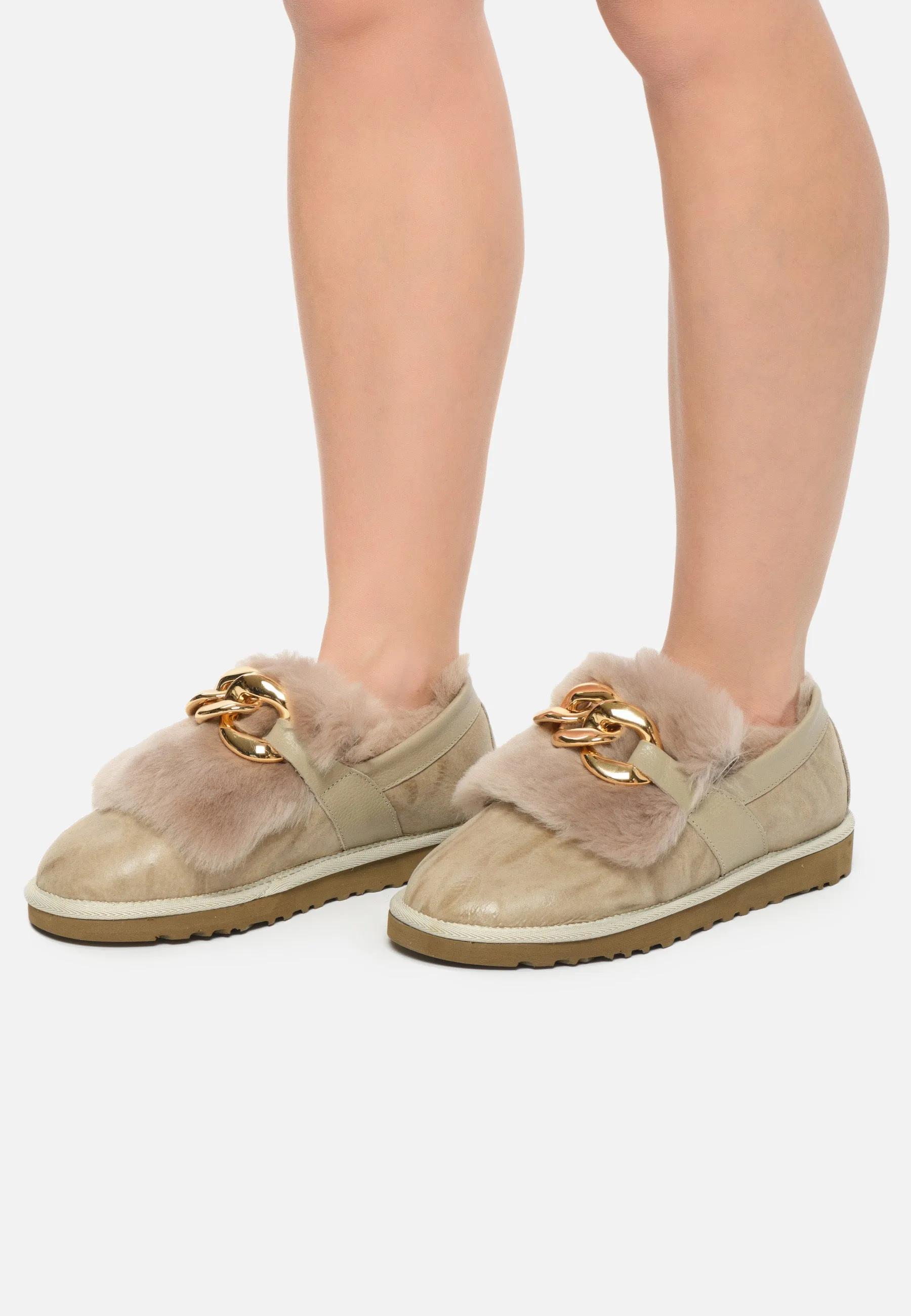 Chain Fur Lined Loafers - Beige