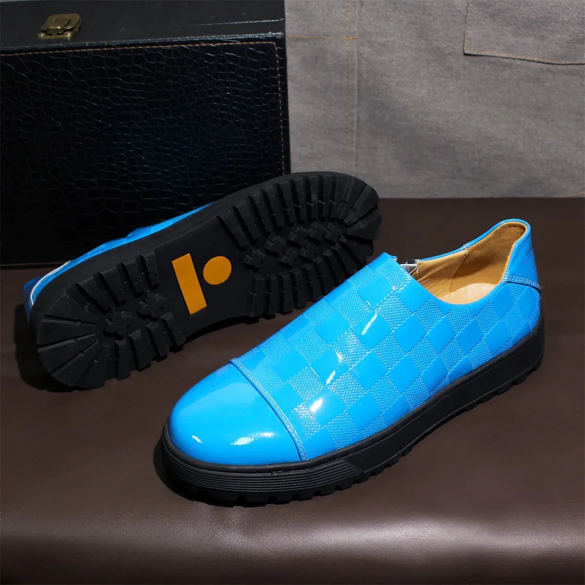 Checkered Pattern Patent Leather Men's Loafers