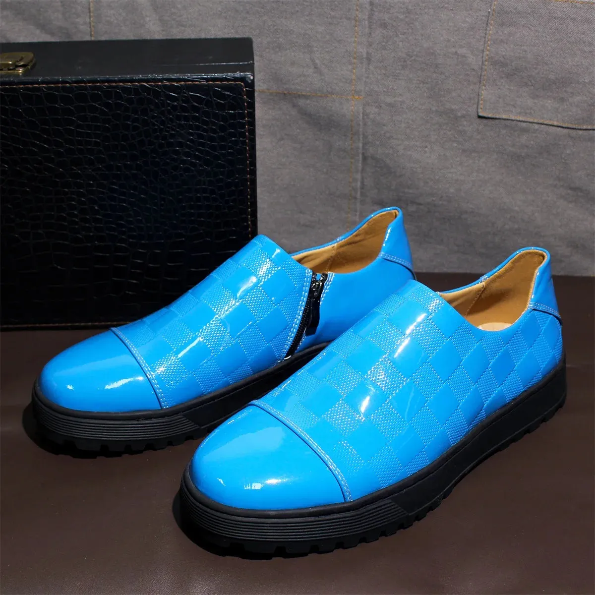 Checkered Pattern Patent Leather Men's Loafers