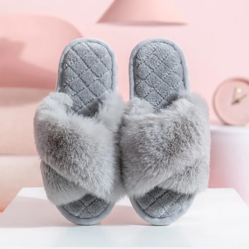 Comfy Cross-Strap Plush Indoor Slippers