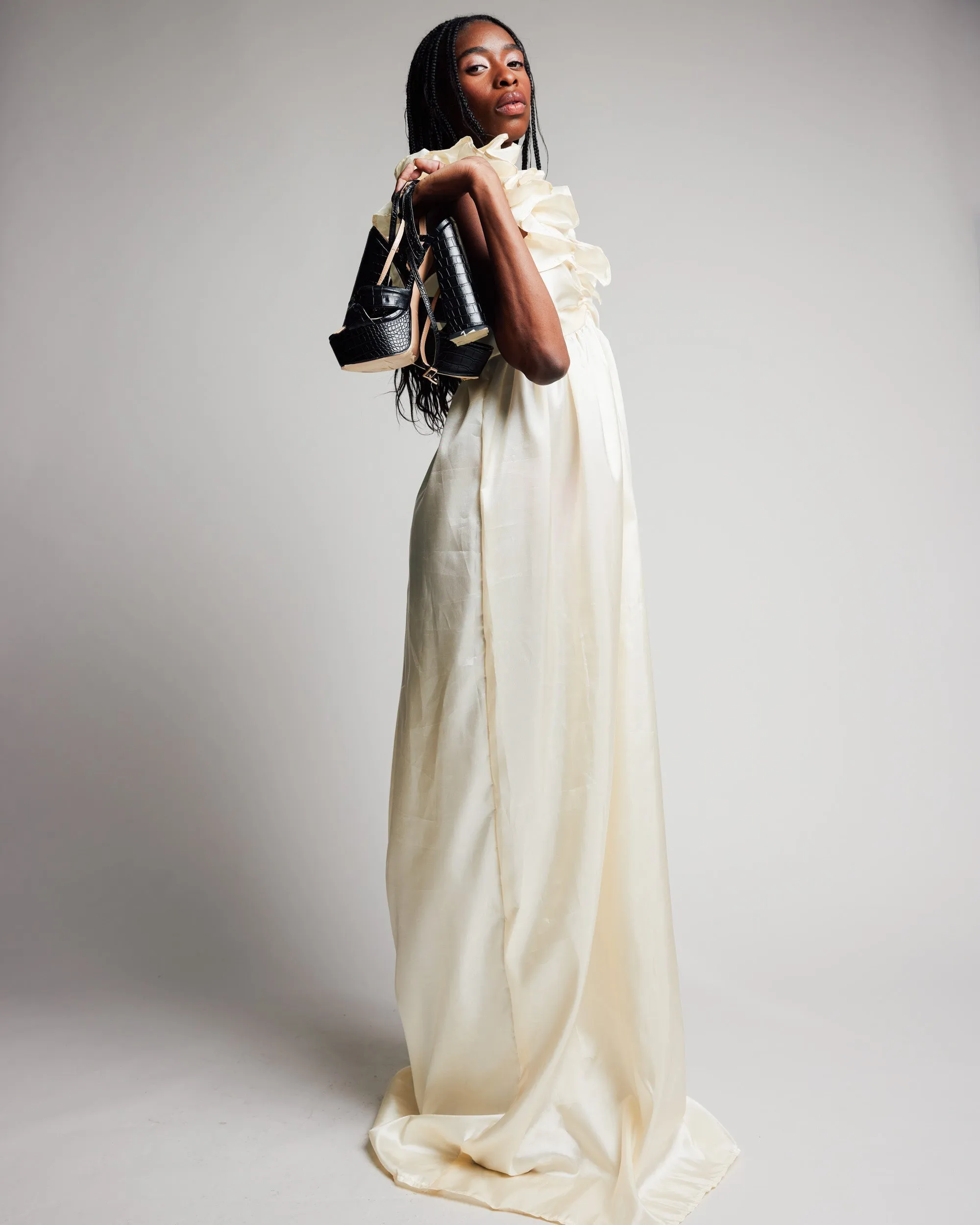 Cream Taffeta Gown with Juliette Sleeves by Madeline Marie