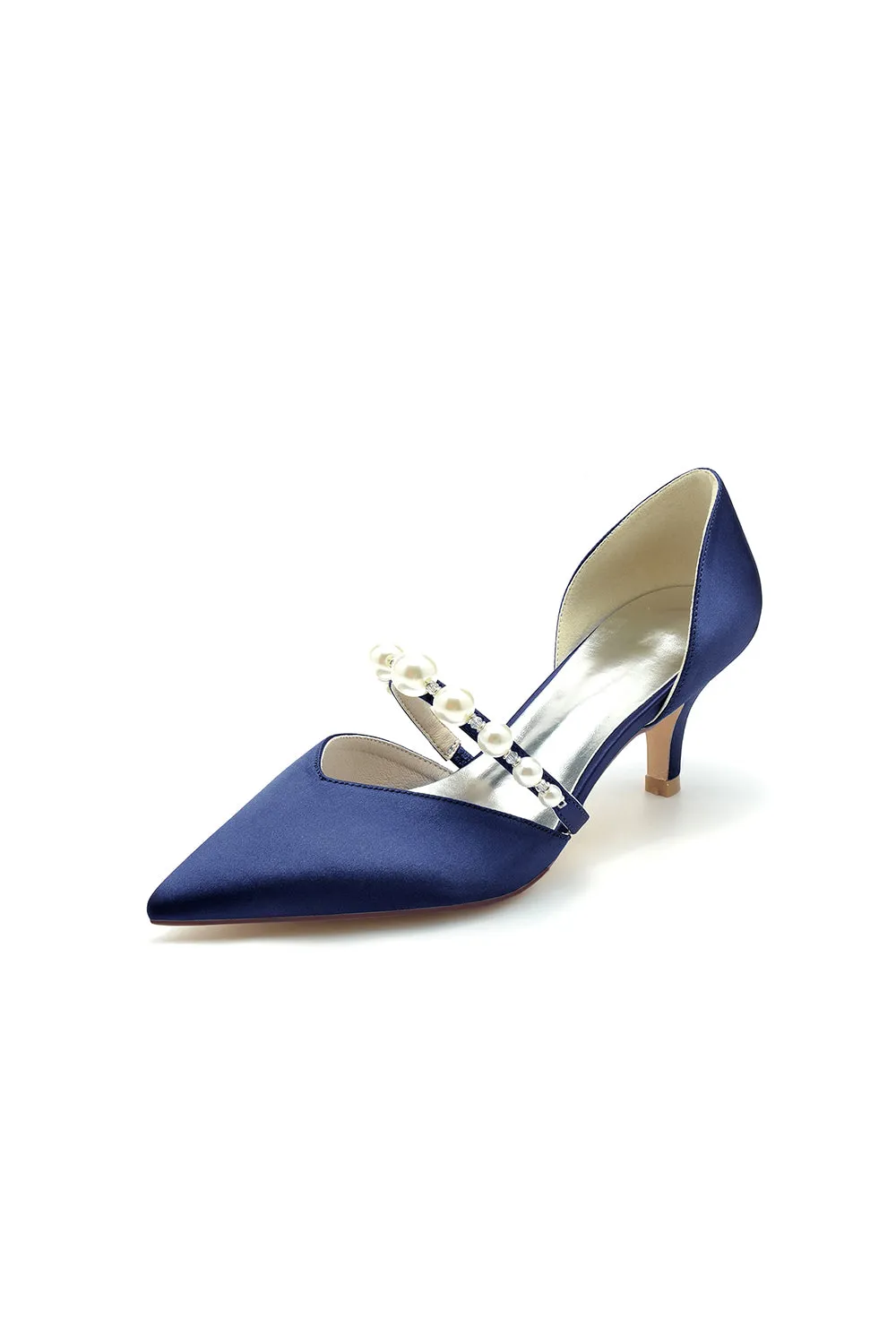 Elegant Satin Pointed Toe Heels with Pearl Strap