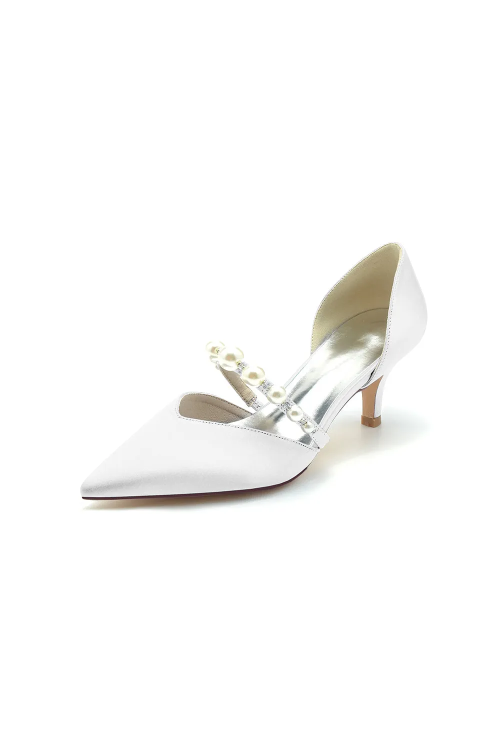 Elegant Satin Pointed Toe Heels with Pearl Strap