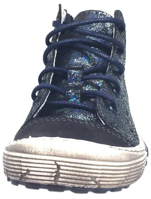 Emel Girl's Navy Metallic Shimmer Sparkle Leather Lace Up Side Zipper High Top Sneaker