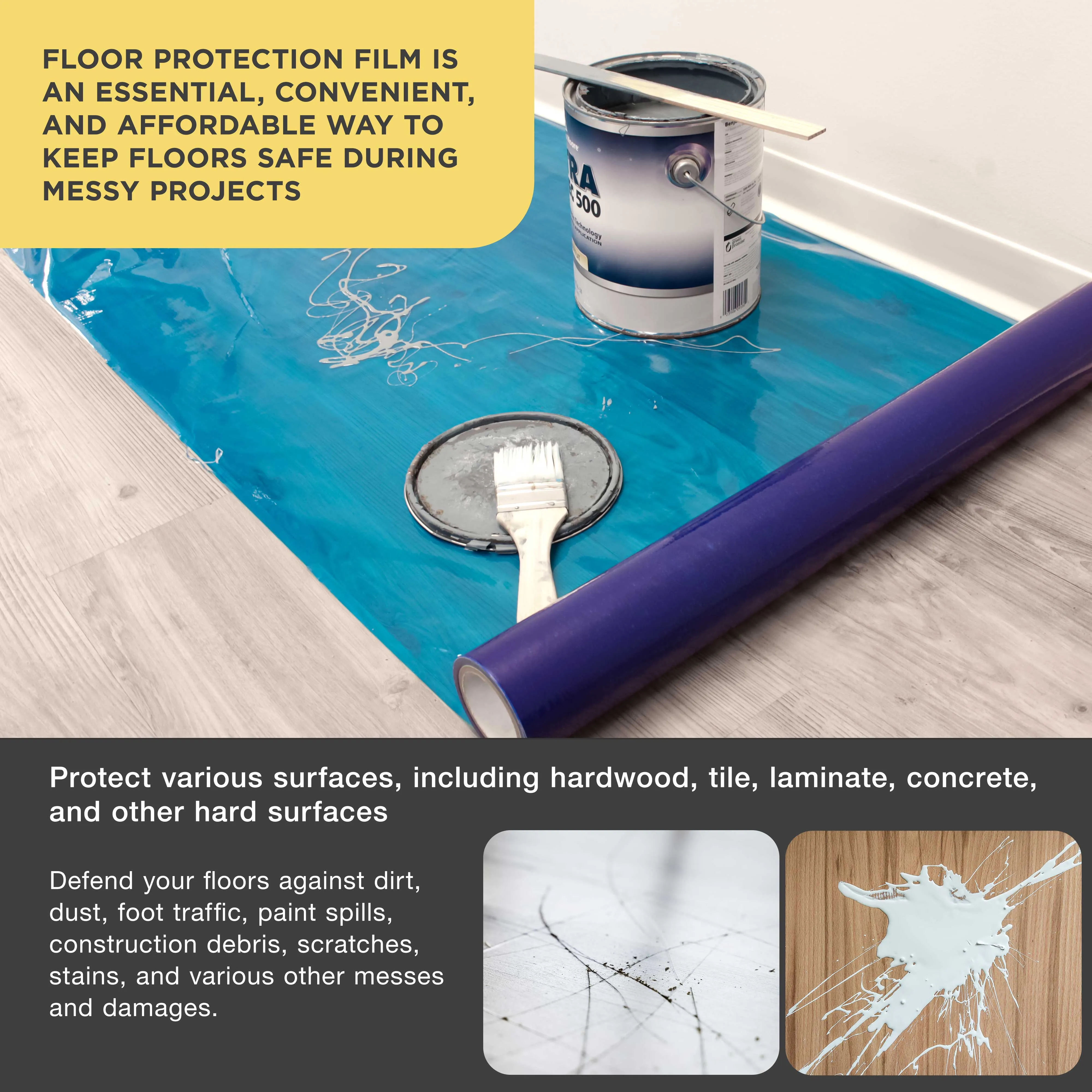 Floor Protection Film, 36-inch x 100' Roll - Blue Self Adhesive Temporary Floor Covering, Protect Flooring from Foot Traffic, Paint Spills, Dust, Construction Debris, Moving - Hardwood, Tile