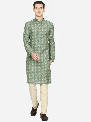 Forest Green Printed Cotton Blend Kurta for Men