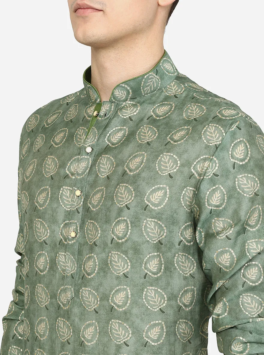 Forest Green Printed Cotton Blend Kurta for Men