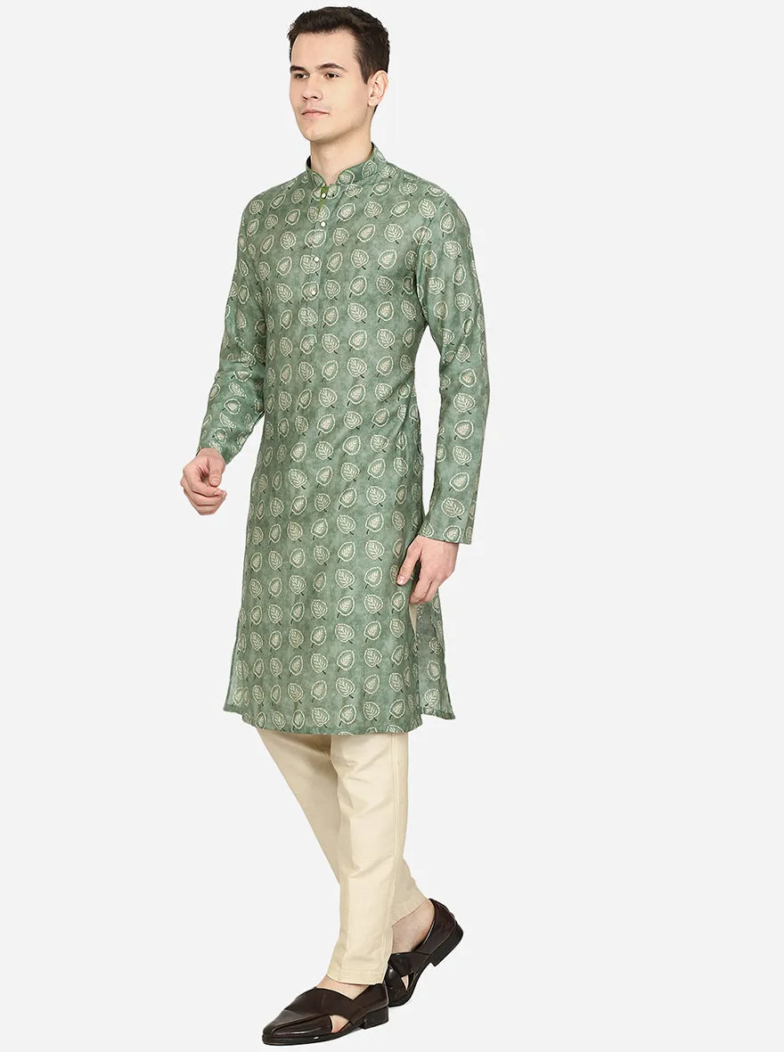 Forest Green Printed Cotton Blend Kurta for Men