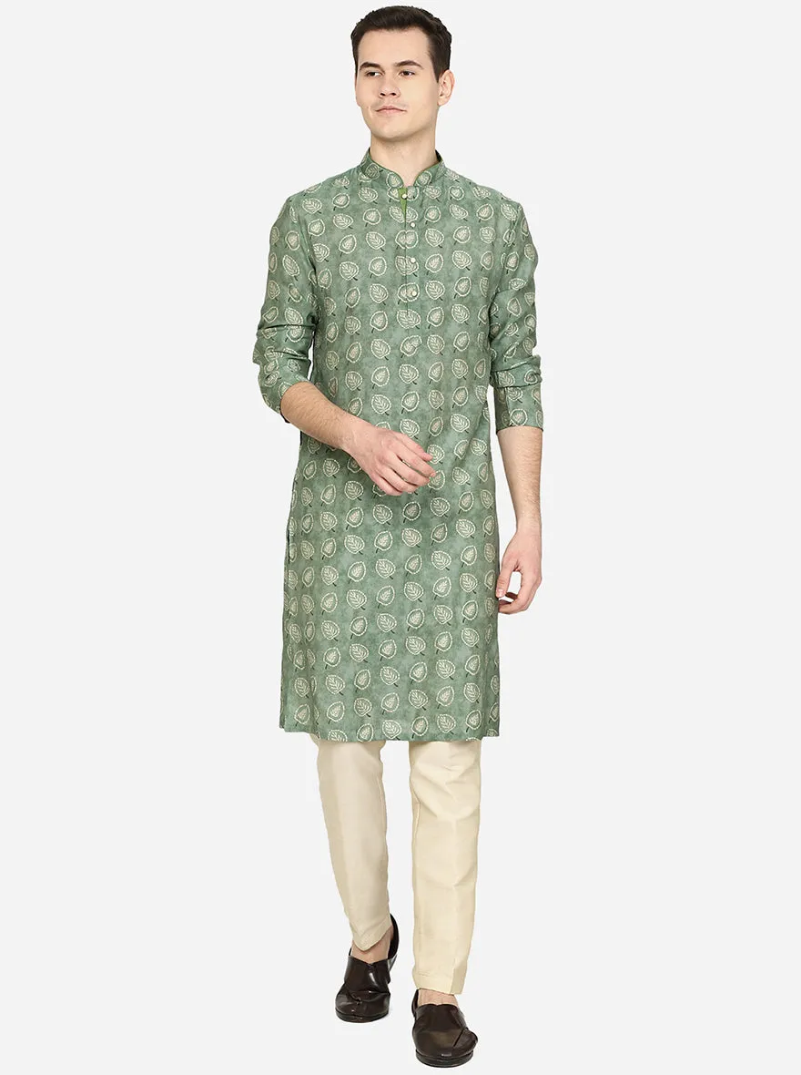 Forest Green Printed Cotton Blend Kurta for Men