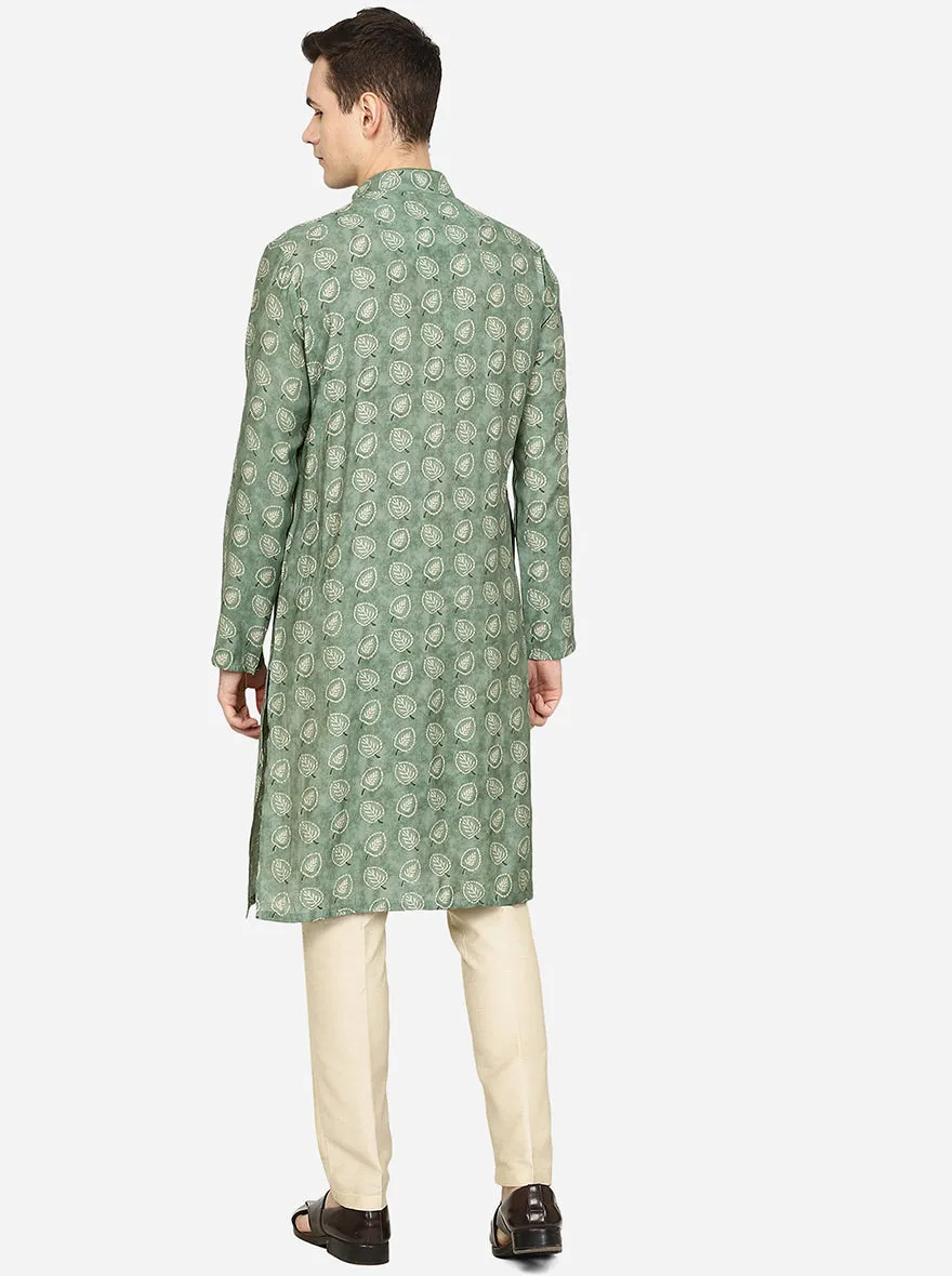 Forest Green Printed Cotton Blend Kurta for Men