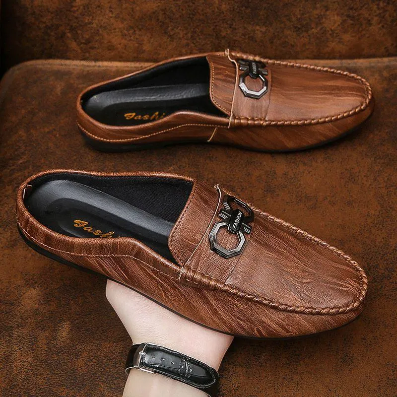 Half-wrapped Men's Loafers Slip-on Closed Toe Without Heel Leather Shoes