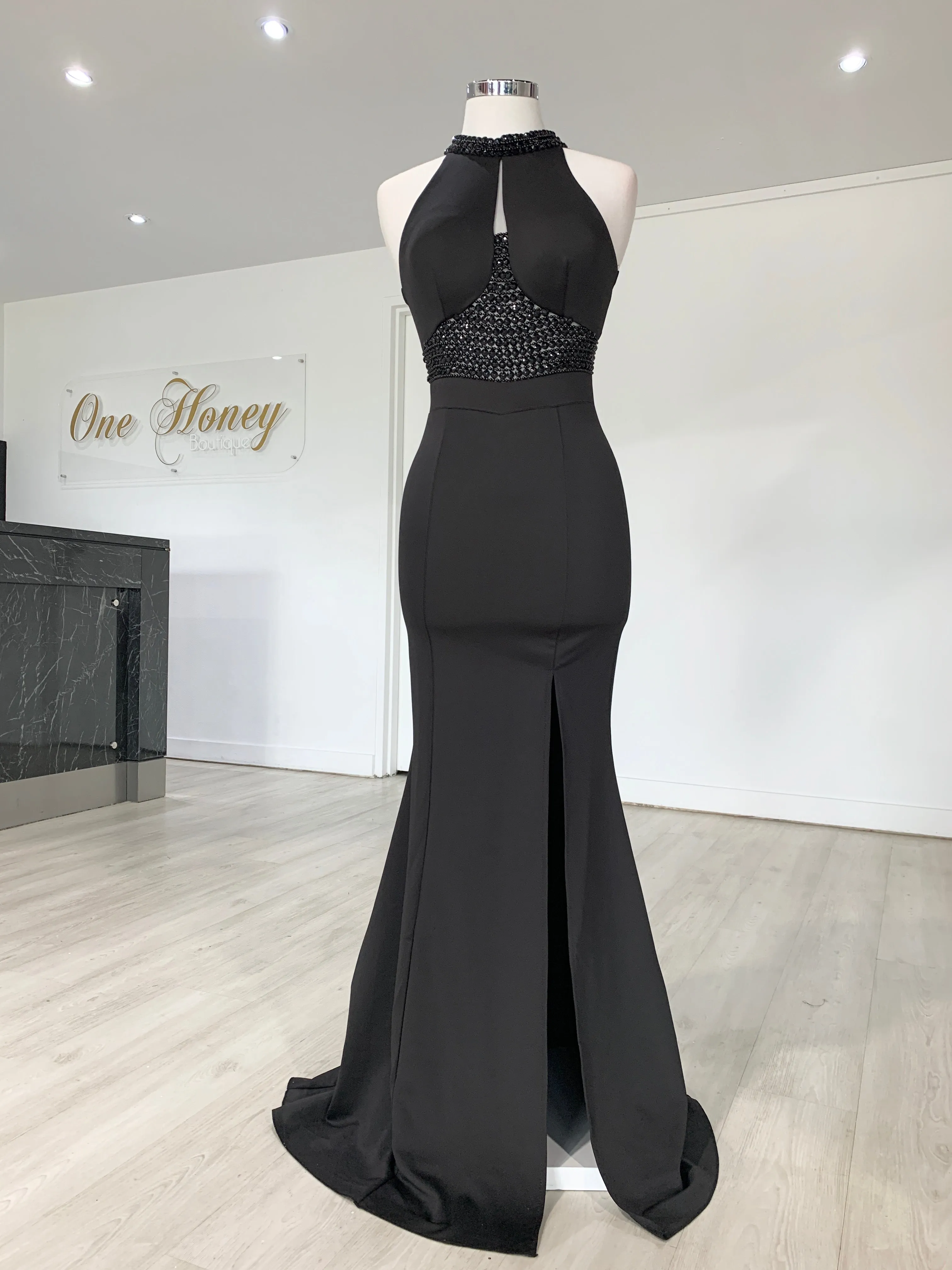 Honey Couture VALERIA Black Beaded Halter Formal Gown