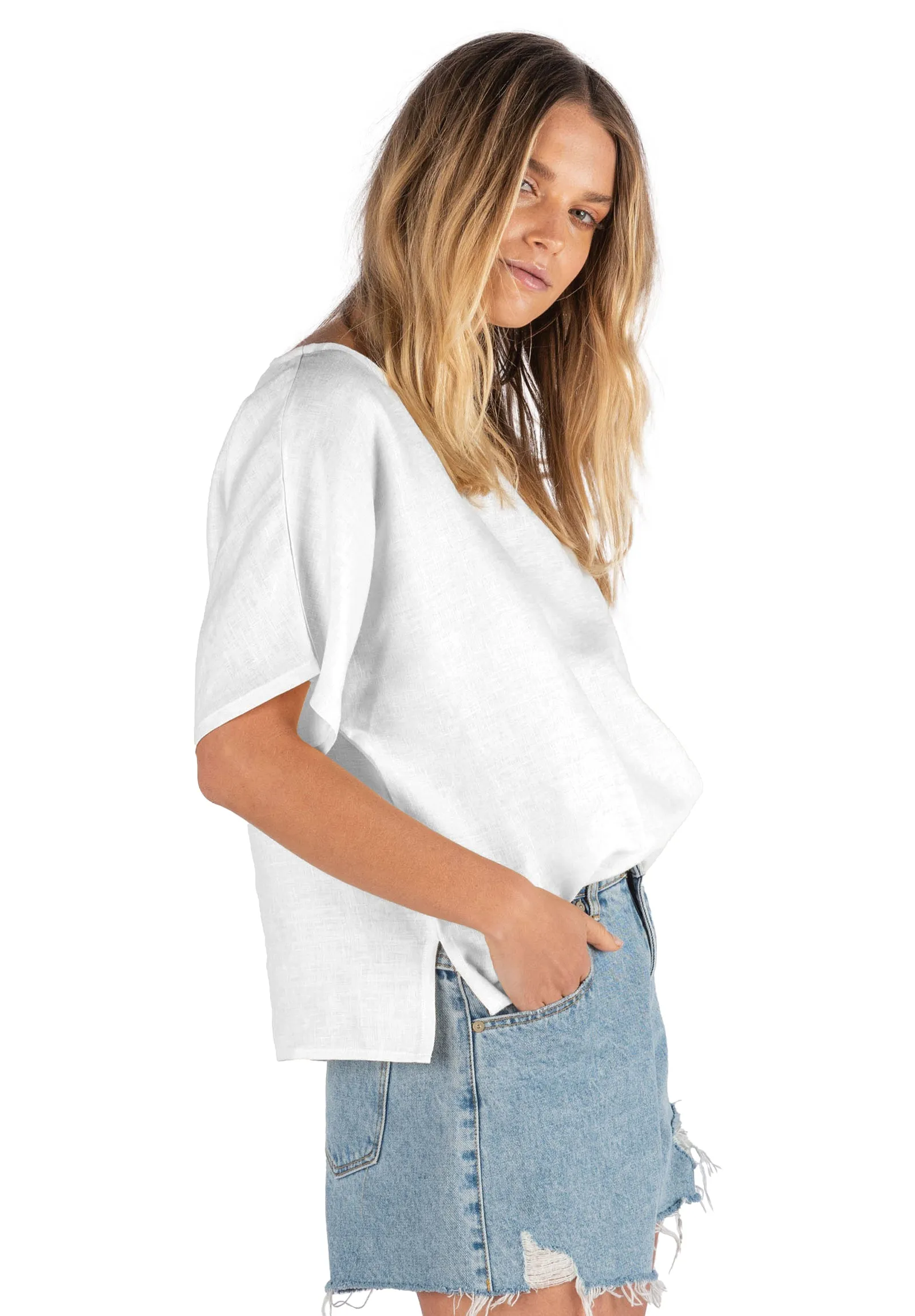 Kaori White Kimono Sleeve Linen Top