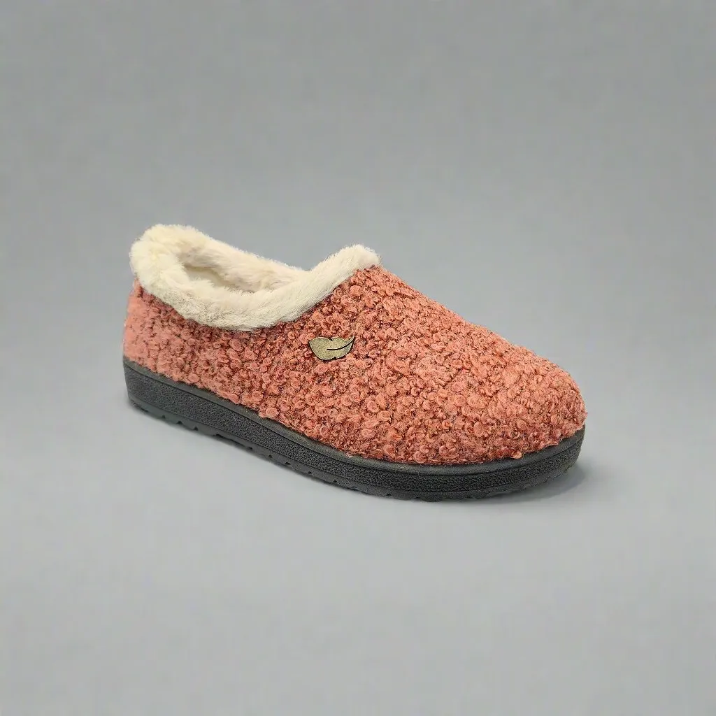 Ladies Fur Trimmed Bedroom Slippers Coral Plumaflex Memory Foam R80021