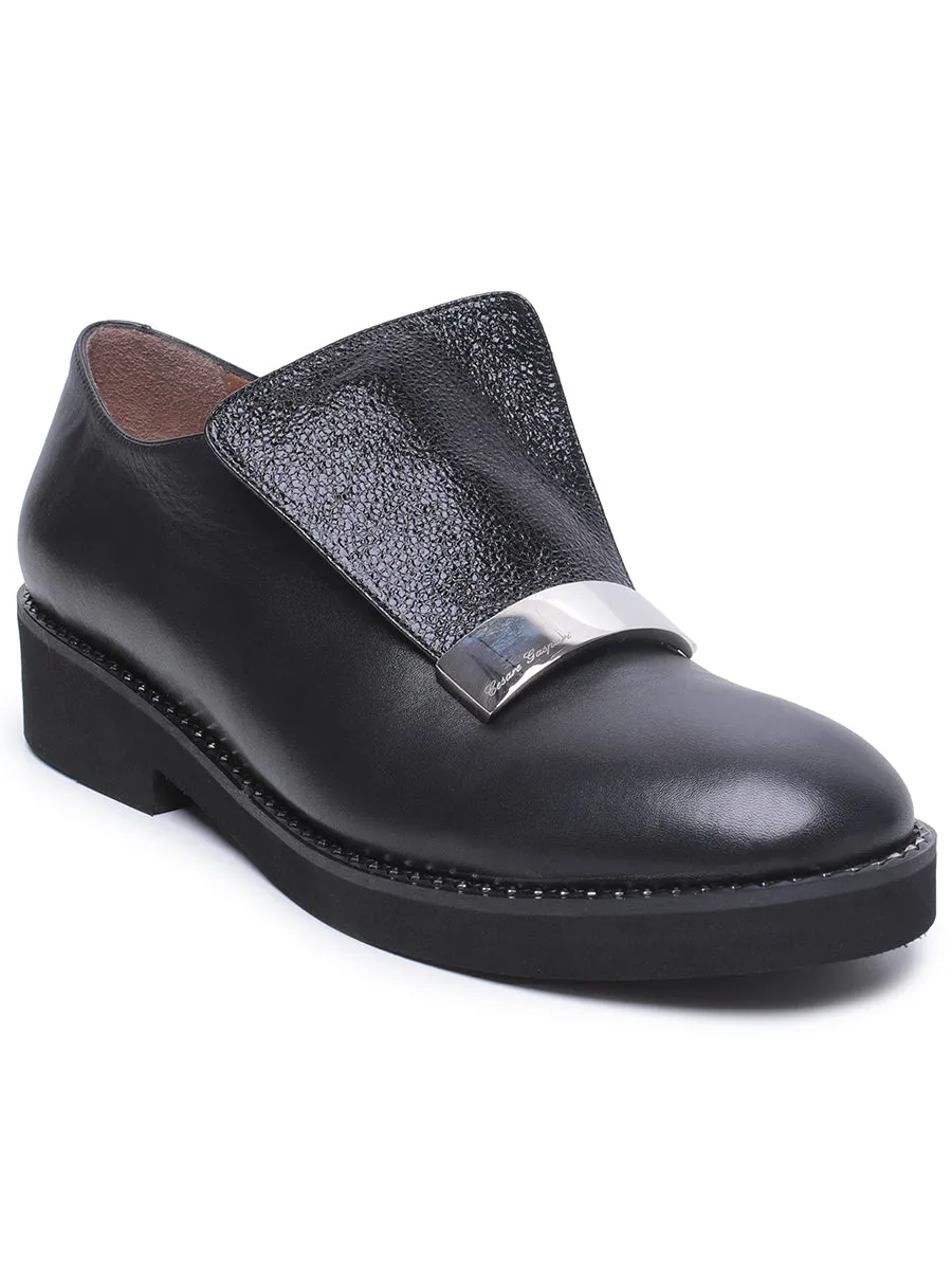 Leather Slip-On Loafers with Metal Accent