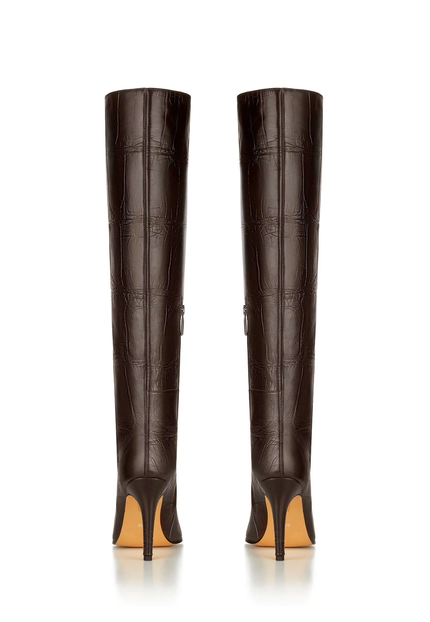 Luxurious Brown Croc-Embossed Leather Knee-High Boots - High Heel Elegance - Brown