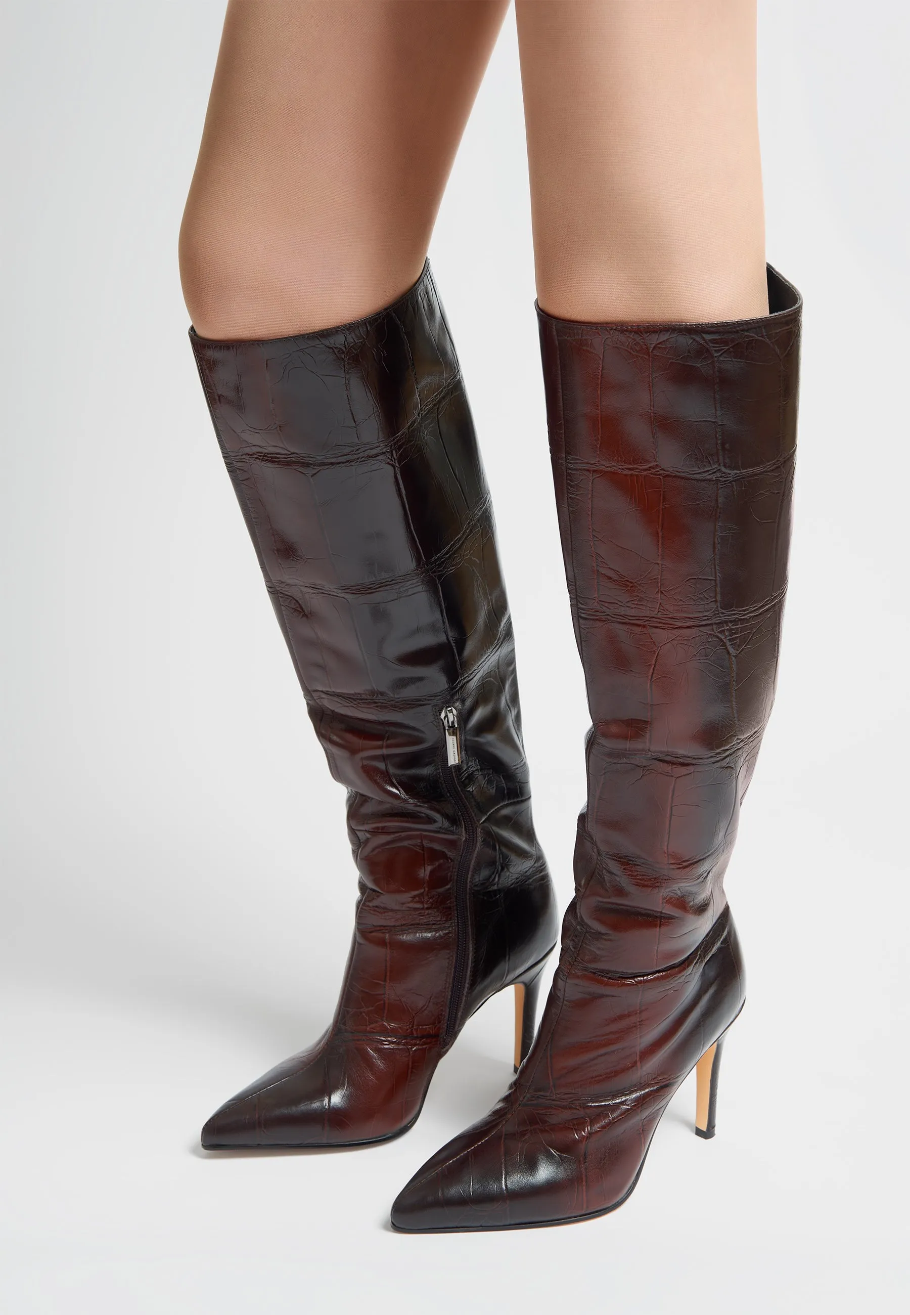 Luxurious Brown Croc-Embossed Leather Knee-High Boots - High Heel Elegance - Brown