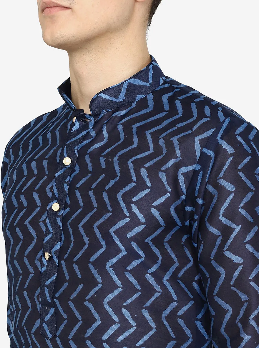 Midnight Blue Printed Silk Blend Kurta for Men