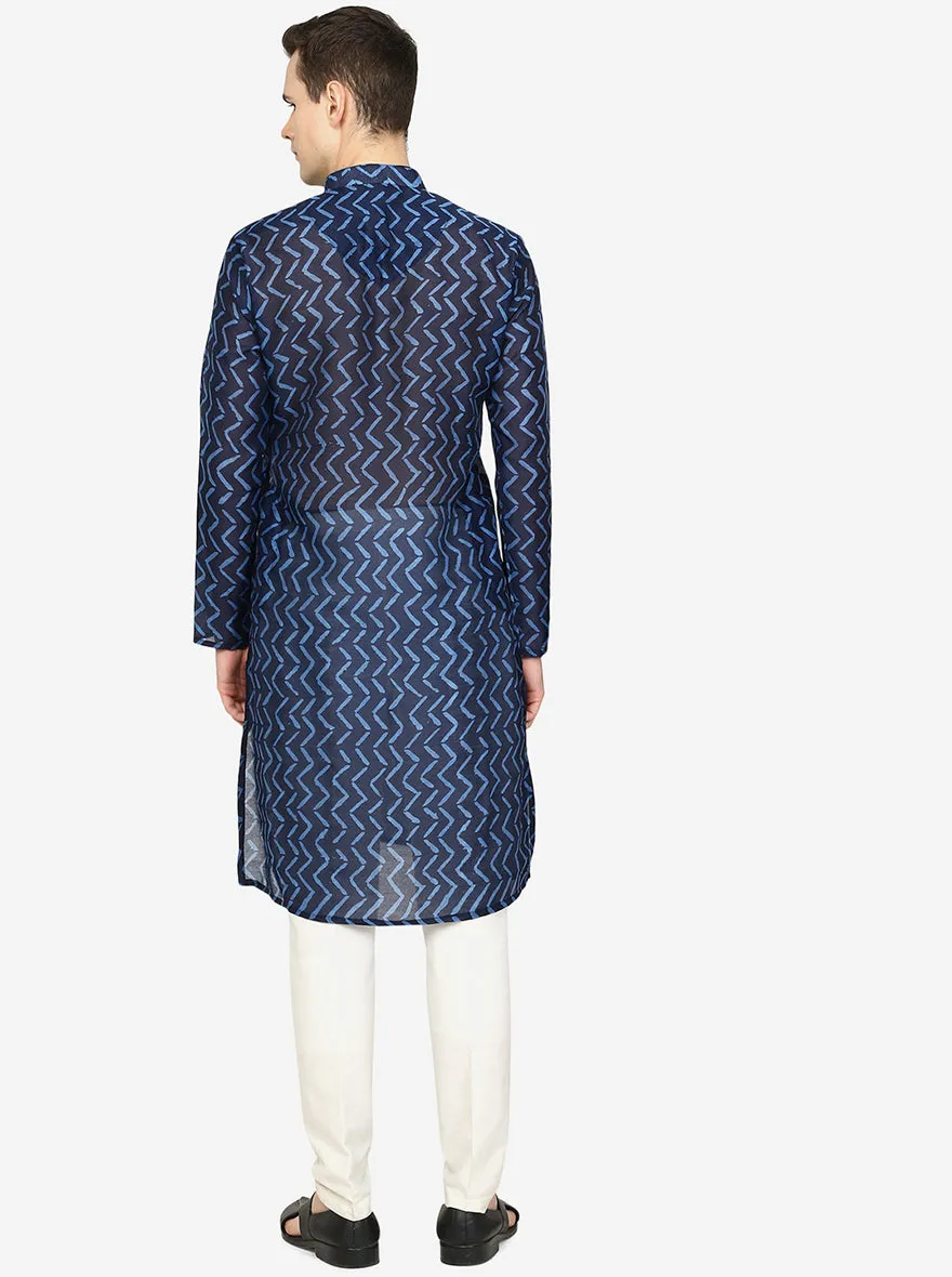 Midnight Blue Printed Silk Blend Kurta for Men