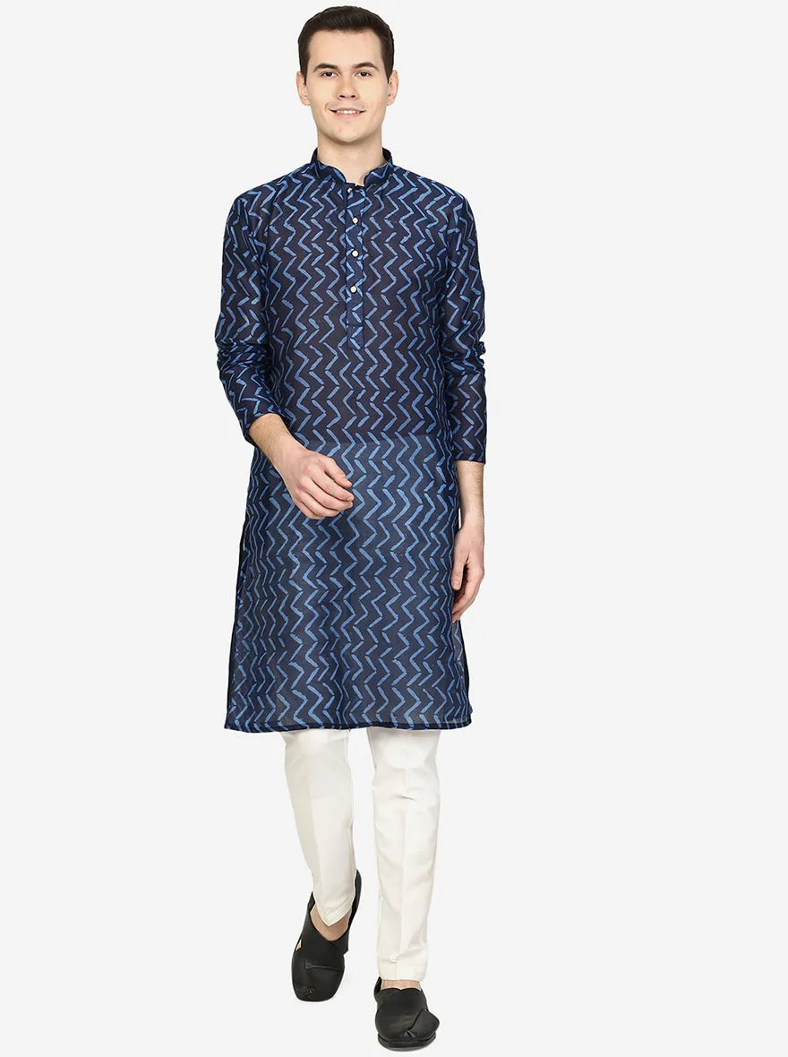 Midnight Blue Printed Silk Blend Kurta for Men