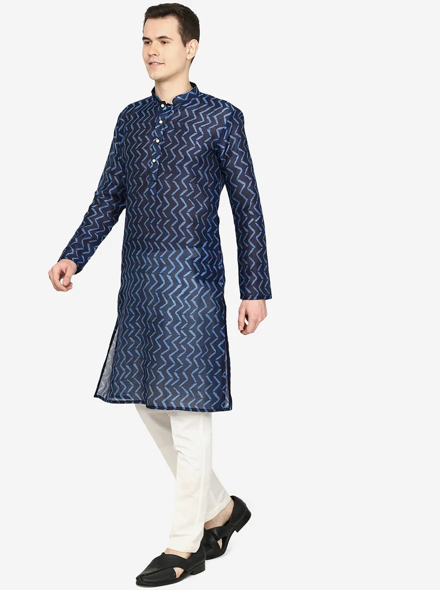 Midnight Blue Printed Silk Blend Kurta for Men