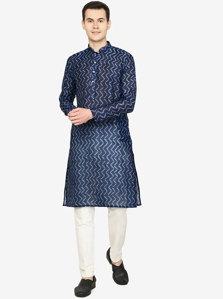 Midnight Blue Printed Silk Blend Kurta for Men