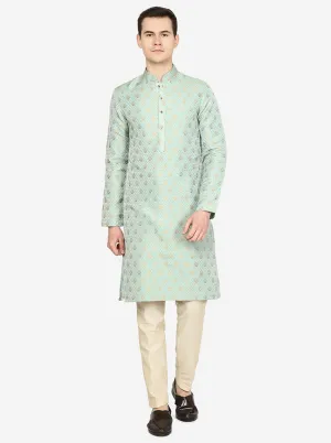 Mint Green Printed Ethnic Silk Blend Kurta for Men