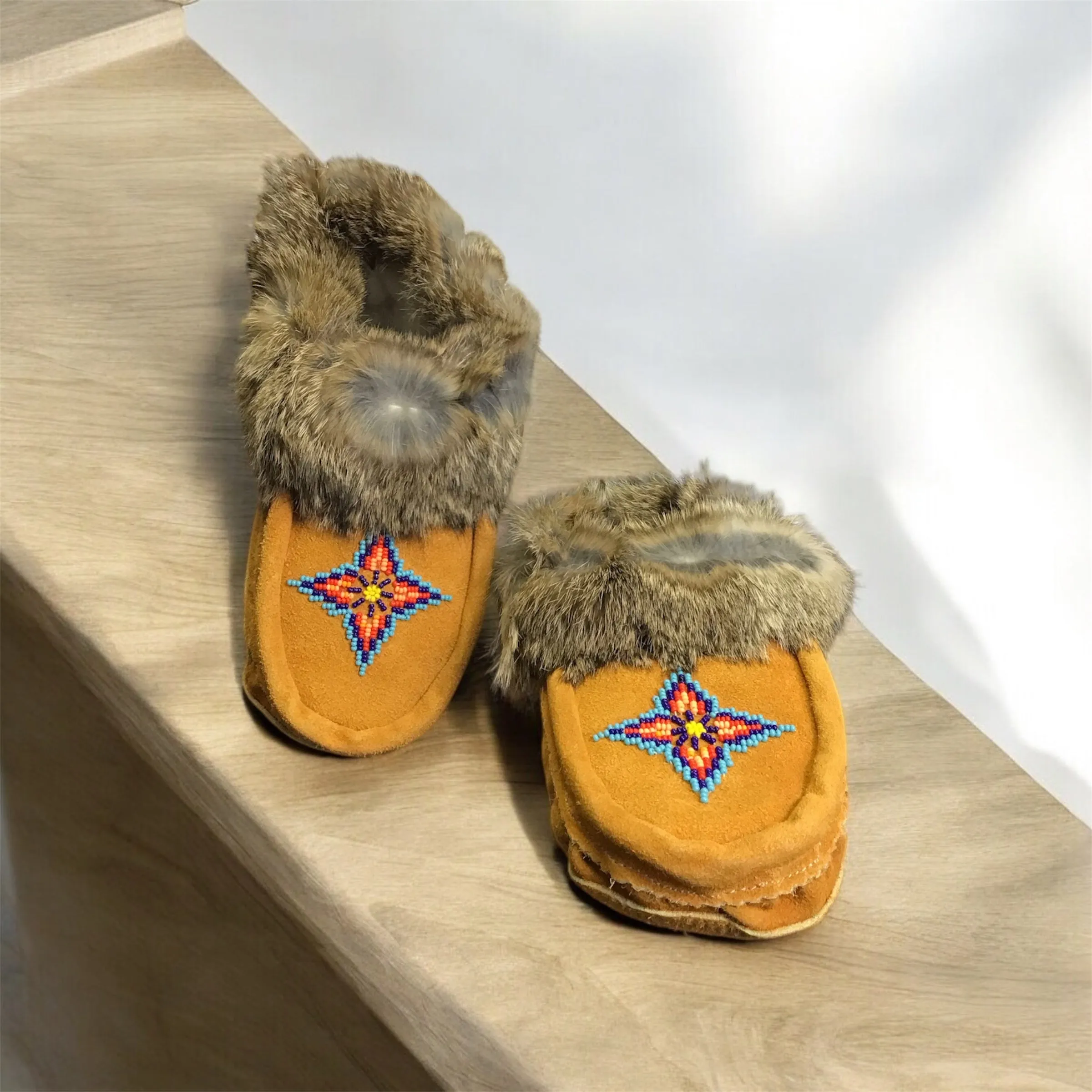 Moccasins yellow with Turquoise beadwork