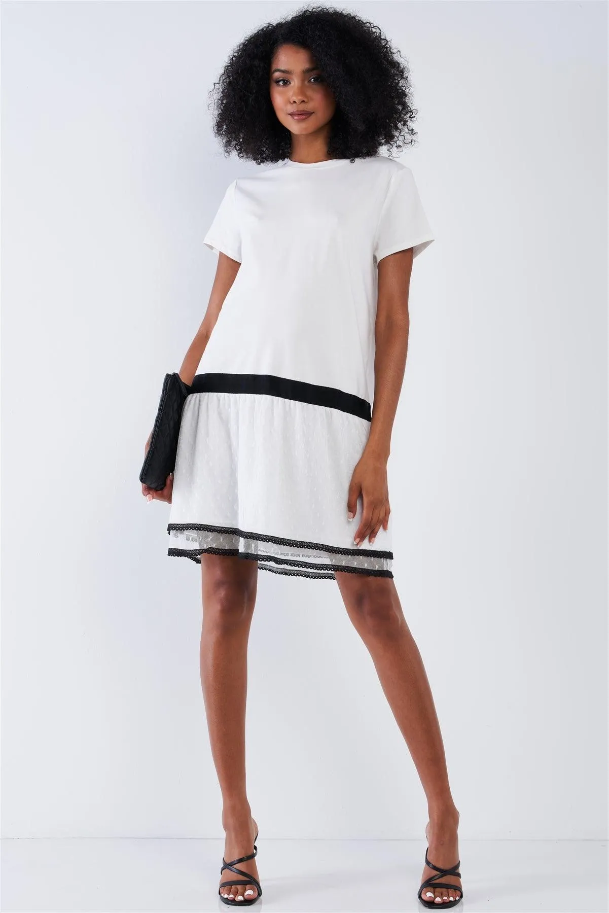 Off-White Black Detail Loose Shapeless Lined Double Mesh Bottom Layer Crew Neck Mini Sleeve T-Shirt Mini Dress /1-2-2-1