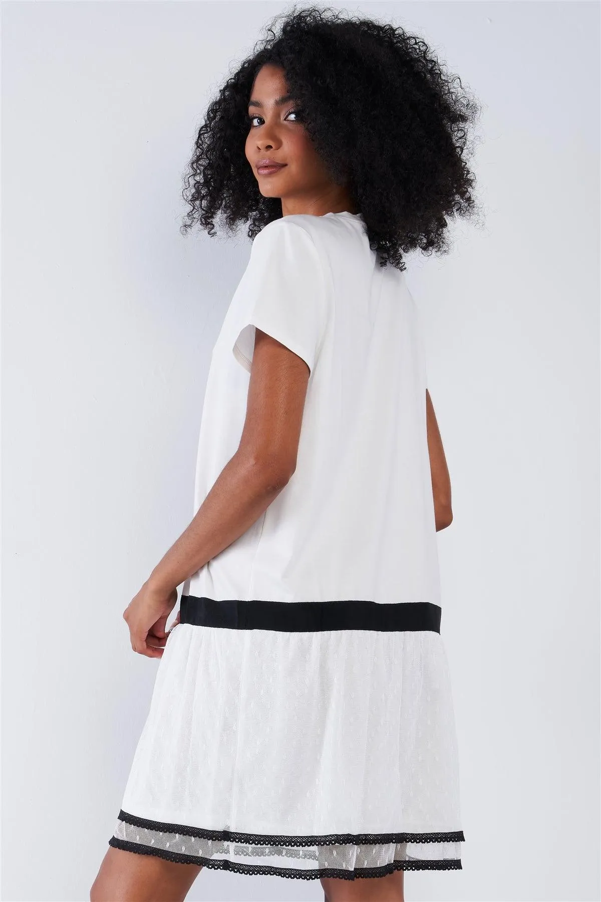 Off-White Black Detail Loose Shapeless Lined Double Mesh Bottom Layer Crew Neck Mini Sleeve T-Shirt Mini Dress