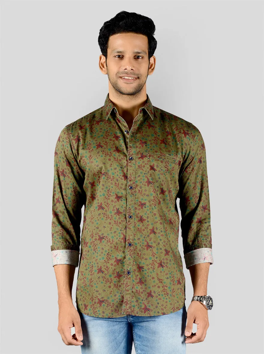 Olive Green Printed Slim Fit Casual Shirt | JadeBlue