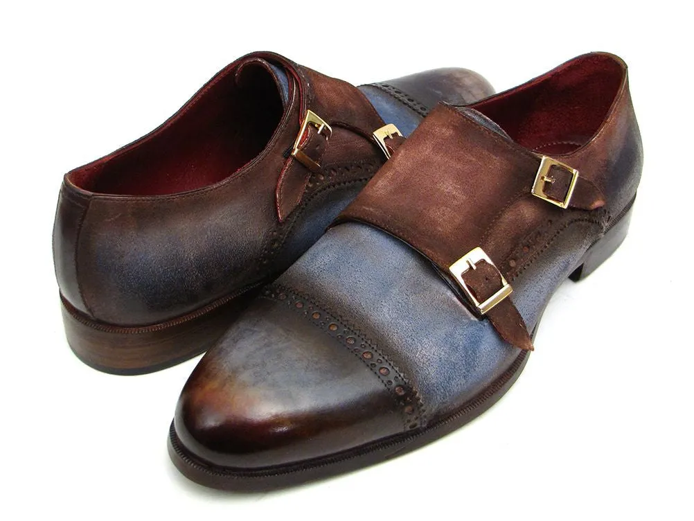 Paul Parkman Men's Captoe Double Monkstrap Antique Blue & Brown Suede