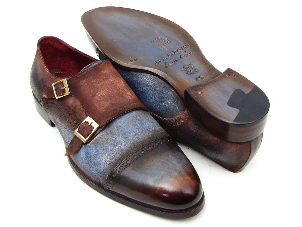 Paul Parkman Men's Captoe Double Monkstrap Antique Blue & Brown Suede