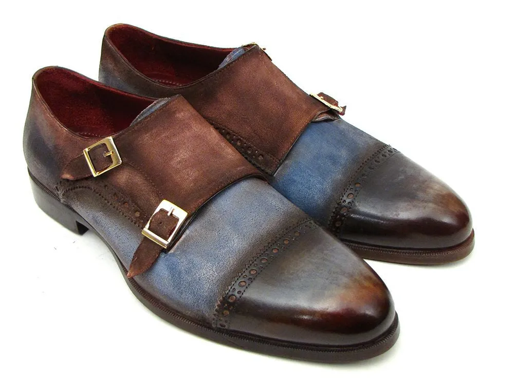 Paul Parkman Men's Captoe Double Monkstrap Antique Blue & Brown Suede