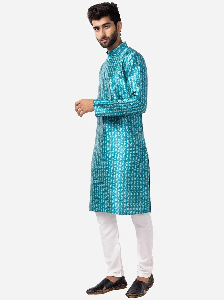 Peacock Blue Printed Silk Blend Kurta for Men