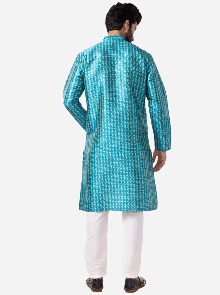 Peacock Blue Printed Silk Blend Kurta for Men