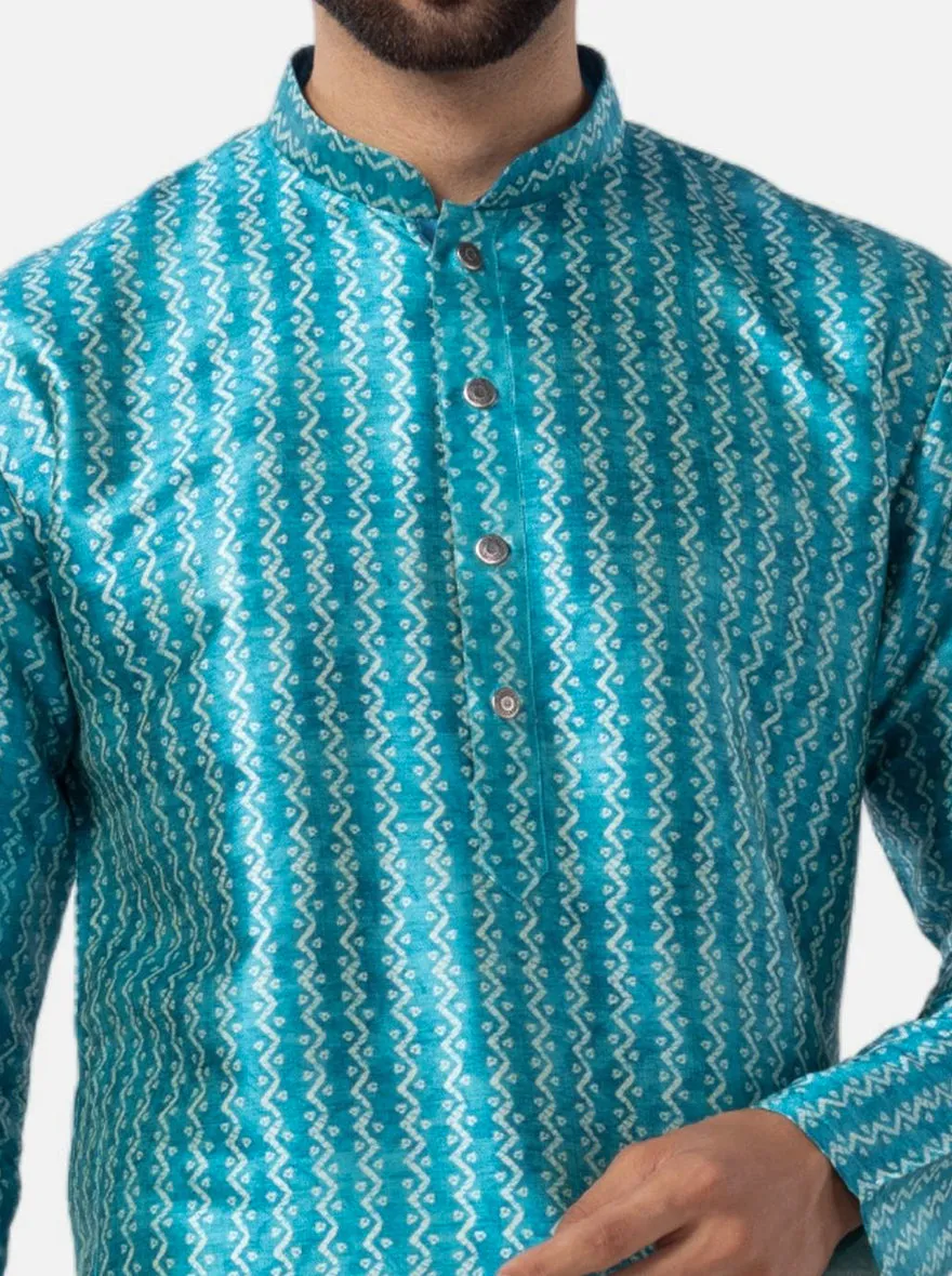 Peacock Blue Printed Silk Blend Kurta for Men