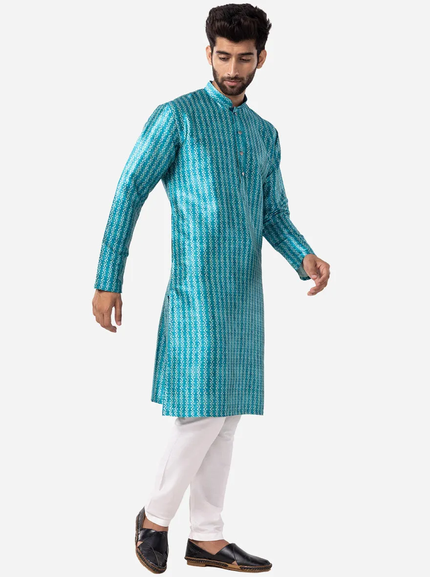 Peacock Blue Printed Silk Blend Kurta for Men