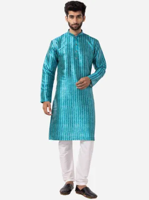 Peacock Blue Printed Silk Blend Kurta for Men