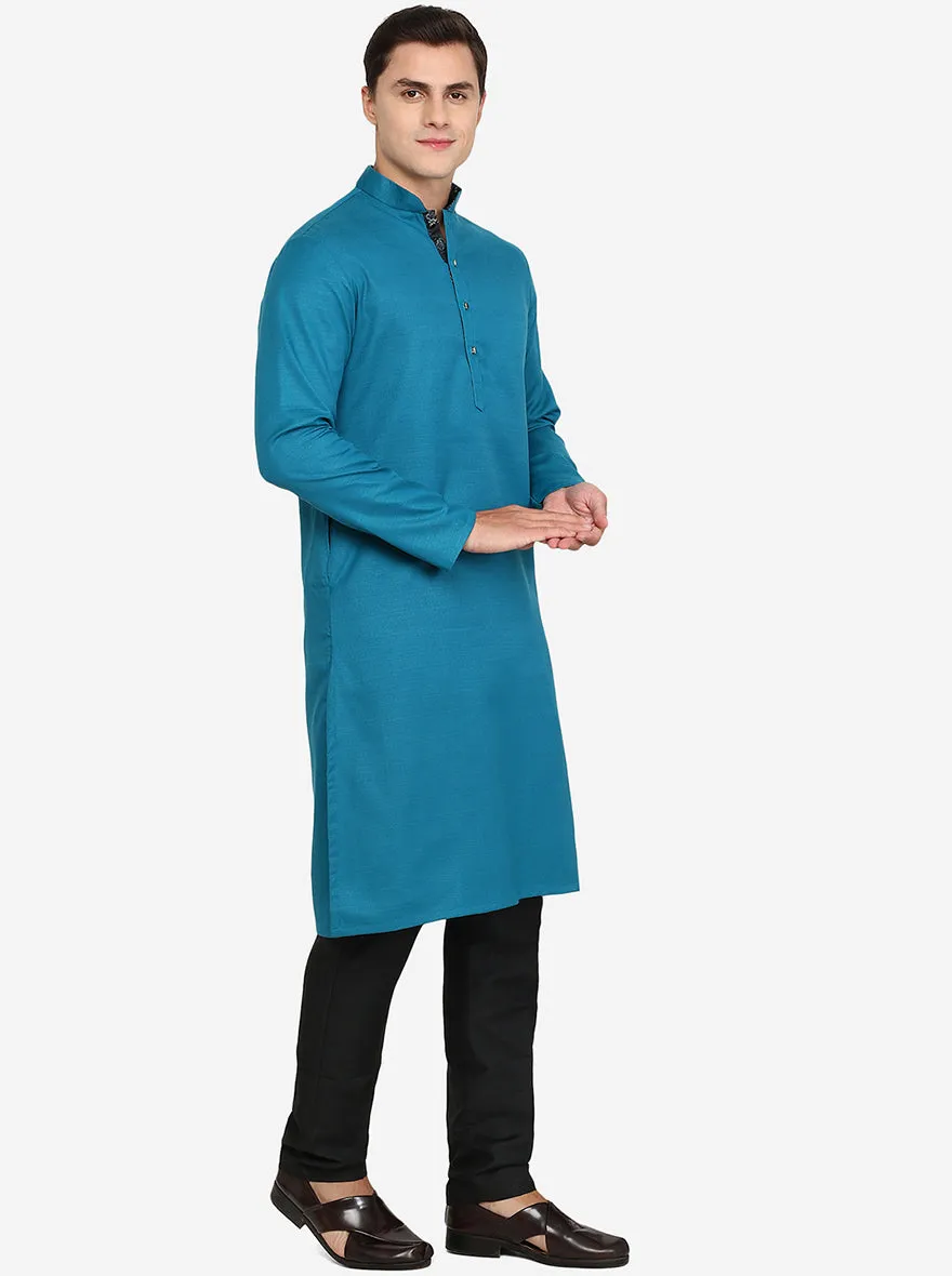 Peacock Blue Solid Silk Blend Kurta for Men