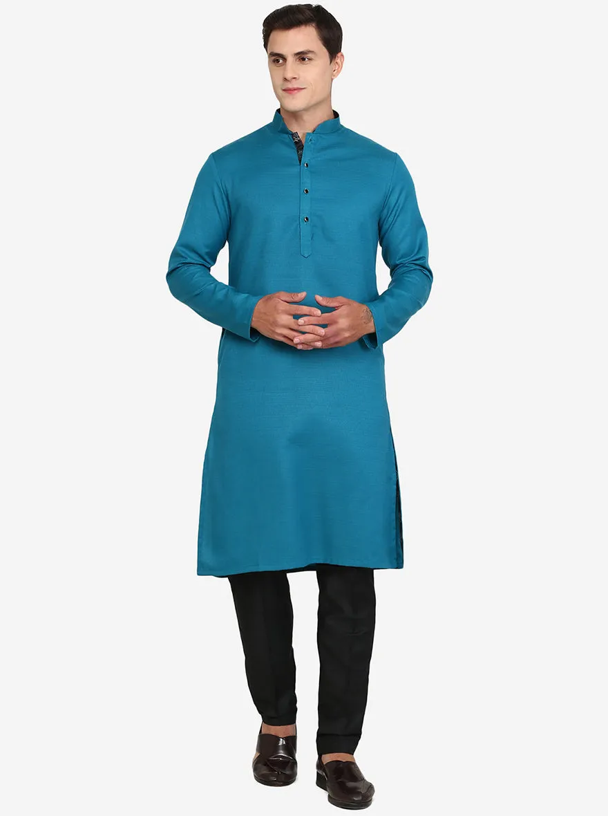 Peacock Blue Solid Silk Blend Kurta for Men